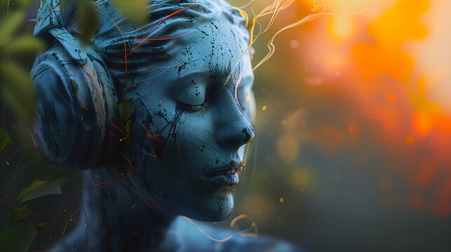 Statue with headphones listening to calming music with a warm background