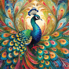 Ornamental beautiful textured peacock. Ethnic style colorful bright peacock bird. Vector ornate black background illustration with multicolor exotic royal peacock bird. Paisley style patterned tail.
