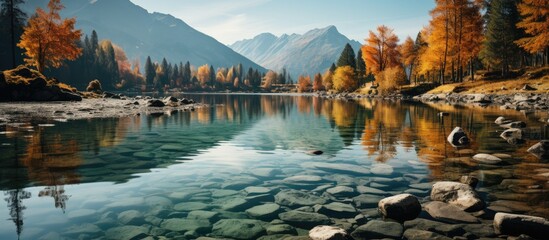 Sunny day in the Mountains. amazing view of the lake With autumn trees - obrazy, fototapety, plakaty