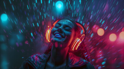 Joyful woman with glowing headphones in rain - obrazy, fototapety, plakaty