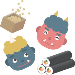 ポーズをとる赤鬼と青鬼、節分のイラスト