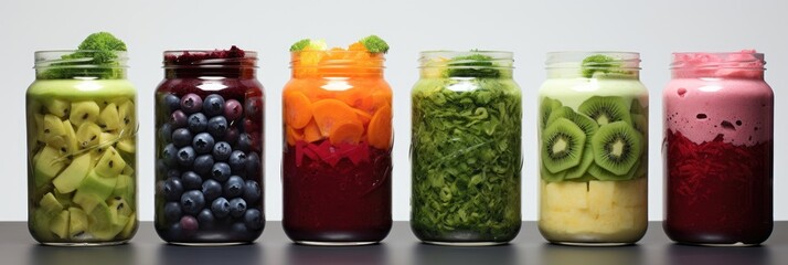 Row of healthy fresh fruit and vegetable smoothies or  slushies with assorted ingredients served in glass bottles on light background. Refreshing, organic and detox drink banner. Generative AI.	