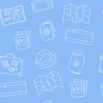 Travel blue doodle seamless pattern. Passport, map, photo, ticket icons set. Vector illustration.