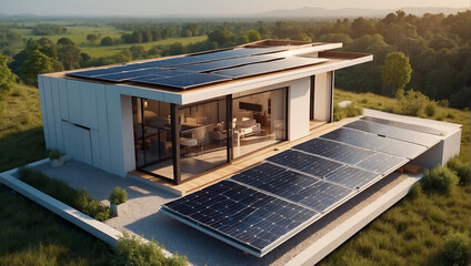 Futuristic small generic smart home with solar panels rooftop system for renewable energy concepts with copy space area, wide shot, hyperrealist, solar yard