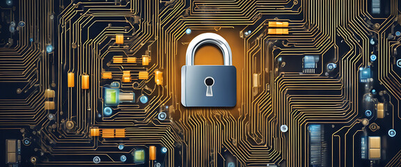 Secure connection or cybersecurity service concept of computer motherboard and safety lock with login and connecting verified credentials as wide conceptual design, gold conductors