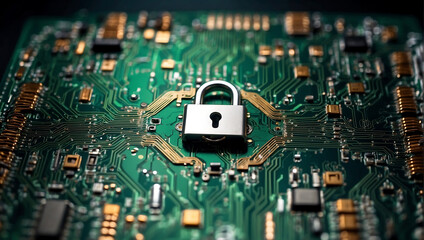 Secure connection or cybersecurity service concept of computer motherboard and safety lock with login and connecting verified credentials as wide conceptual design, old technology