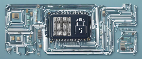 Secure connection or cybersecurity service concept of computer motherboard and safety lock with login and connecting verified credentials as wide conceptual design, silicon chio