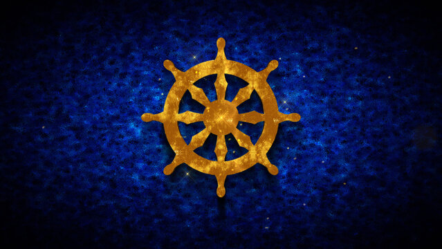 Wheel Of The Law Dharmachakra Symbol Gold Texture On Dark Blue Shiny Grunge Subtle Grain Texture Effect Background