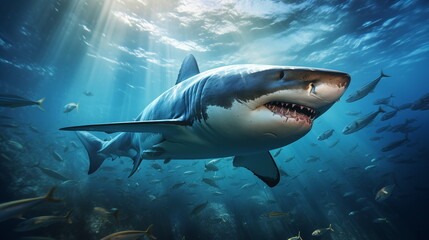 Fototapeta premium White shark open toothy dangerous mouth with many teeth.Clear water shark swims. Generated AI