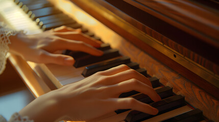 Close-up of hands playing piano in restaurant, warm lighting, a person playing a piano with their hands.