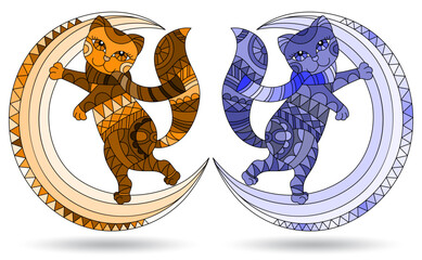 A set of illustrations in the style of a stained glass window with cats on the moon, animals isolated on a white background, tone blue and brown