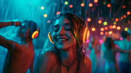 Silent disco beach party in the rain - obrazy, fototapety, plakaty