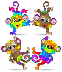 A set of illustrations in the style of stained glass with cute cartoon monkeys, animals isolated on a white background