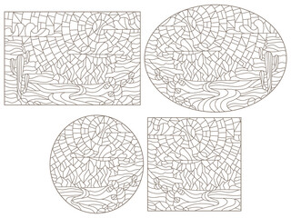 A set of contour illustrations in the style of stained glass with desert landscapes , dark contours on a white background