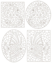 Set of contour illustrations in the style of stained glass with abstract fish, dark outlines on a white background