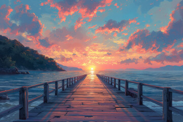 Fototapeta premium Tropical island sunset view, digital illustration