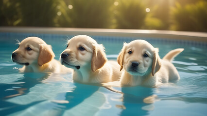 Golden retriever puppies swimming in the pool, generative AI