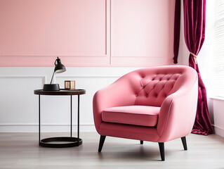 Pink Velvet Armchair/Single Sofa, Black Table in a Minimalistic White Haven