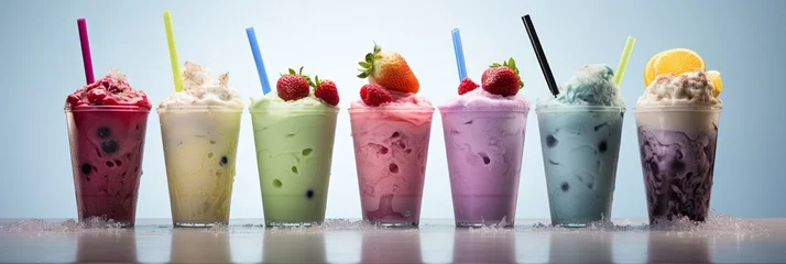 Poster Row of healthy fresh fruit and vegetable smoothies or  slushies with assorted ingredients served in glasses with straws on blue background. Refreshing, organic and detox drink banner. Generative AI.  © cabado