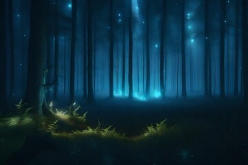 Magical dark fairy tale forest at night with glowing lights and fog 