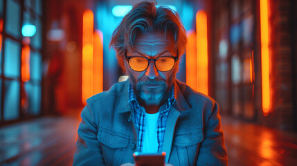 Man  in glasses looking at her phone - sitting on floor - neon stylish fashion - close-up low angle shot - holding a phone - cell - mobile phone  - Powered by Adobe