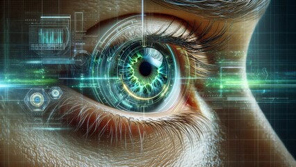 a close-up view of a human eye with high-tech, digital augmentation. Visualize a futuristic interface with data readouts and hologram