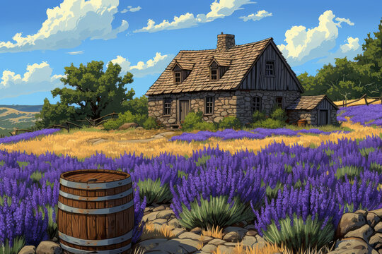 Rural homestead in the country side with lilac fields digital illustration