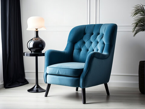 The Perfect Harmony of a Blue Armchair, sofa Crisp White Surroundings, and the Gentle Table Lamp
