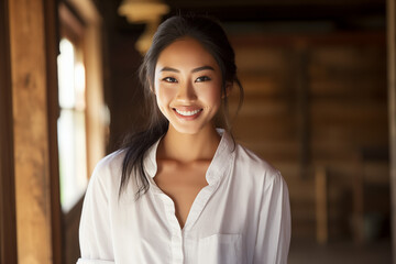 Asian girl smile radiating joy  with a friendly demeanor dons. A004 - obrazy, fototapety, plakaty