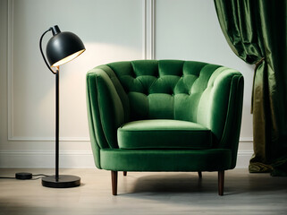 Green Armchair, Single sofa White Room, and the Warm Embrace of a Table Lamp for a Cozy Retreat