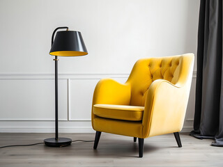 Yellow Armchair, Single sofa White Room, and the Warm Embrace of a Table Lamp for a Cozy Retreat