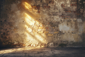 Old brick wall and floor with sun rays. Vintage style toned, Generative Ai