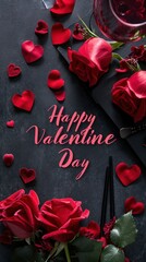 Bold image featuring red roses and heart-shaped decorations with 'happy valentine day' text