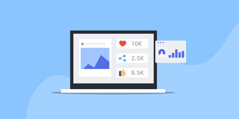 Social media post engagement analytics dashboard insights data, share, like and interaction metrics report vector illustration.