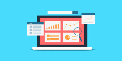 Digital analytics financial data business report growth optimization dashboard on laptop screen vector illustration. - obrazy, fototapety, plakaty
