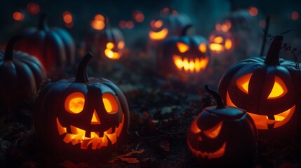 A haunting array of jack-o'-lanterns with sinister glowing faces set in a dark, foggy forest scene for a Halloween night.
