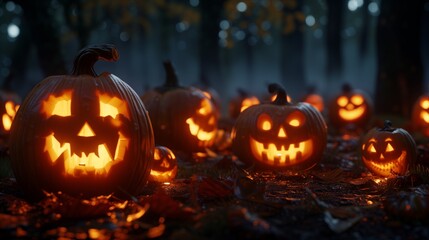 A haunting array of jack-o'-lanterns with sinister glowing faces set in a dark, foggy forest scene for a Halloween night.
