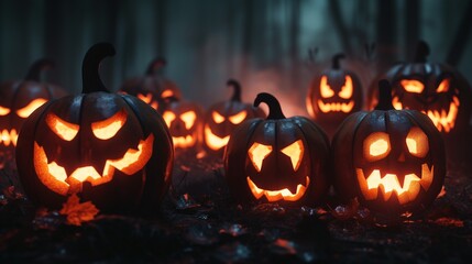 A haunting array of jack-o'-lanterns with sinister glowing faces set in a dark, foggy forest scene for a Halloween night.
 - obrazy, fototapety, plakaty
