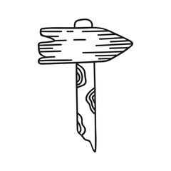 Hand drawn wooden road sign on a white isolated background. Camping elements, travel items. Doodle, simple outline illustration. It can be used for decoration of textile, paper and other surfaces.