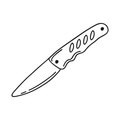 Hand drawn tourist folding knife on a white isolated background. Camping elements, travel items. Doodle, simple outline illustration. It can be used for decoration of textile, paper and other surfaces