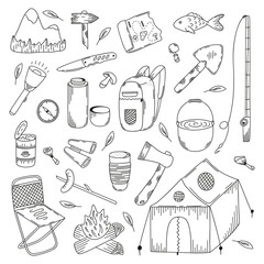 Set of hand drawn camping elements, travel items isolated on a white background. Doodle, simple outline illustration. It can be used for decoration of textile, paper and other surfaces.