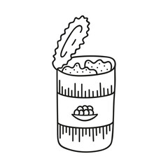 Hand drawn metal can, jar container, food in tin on a white isolated background. Camping elements, travel items. Doodle, simple outline illustration. It can be used for decoration of textile, paper an