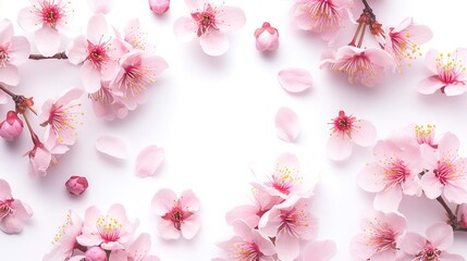 Fototapeta na wymiar Cherry blossom, sakura flowers isolated on white background with copy space for your text. Top view. Flat lay pattern, ,generative ai
