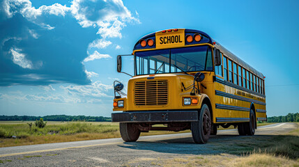 Front View of an Empty School Bus.Front view of a classic yellow school bus parked under a clear sky, the symbol of American education and student transport.
