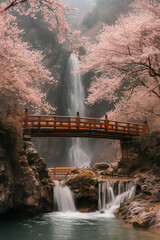 Landscape view of a wooden bridge in front of a waterfall surrounded by cherry blossom trees