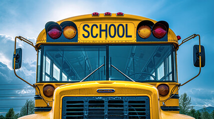 Front View of an Empty School Bus.Front view of a classic yellow school bus parked under a clear sky, the symbol of American education and student transport.