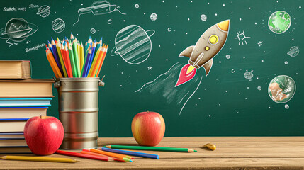 Stack of school books with colorful pencils and a red apple in front of a chalkboard featuring a hand-drawn rocket and planets, symbolizing creative education. - obrazy, fototapety, plakaty