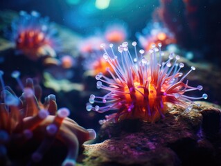 A group of sea anemons in an aquarium. Generative AI.
