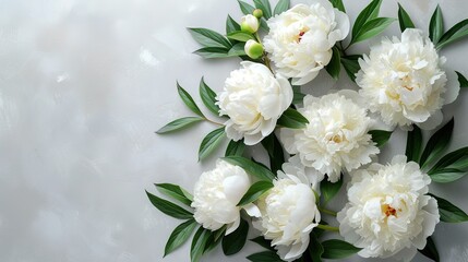 Obraz na płótnie Canvas Flower arrangement. Border of beautiful white peonies Paeonia with green leaves on a pastel gray background. Free space, generative ai