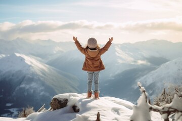 A joyful child celebrates on top of a snowy mountain with arms raised, embracing the beauty of nature. Generative AI. - obrazy, fototapety, plakaty